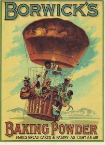 Borwick's poster with a hot air balloon: makes bread, cakes and pastry as light as air