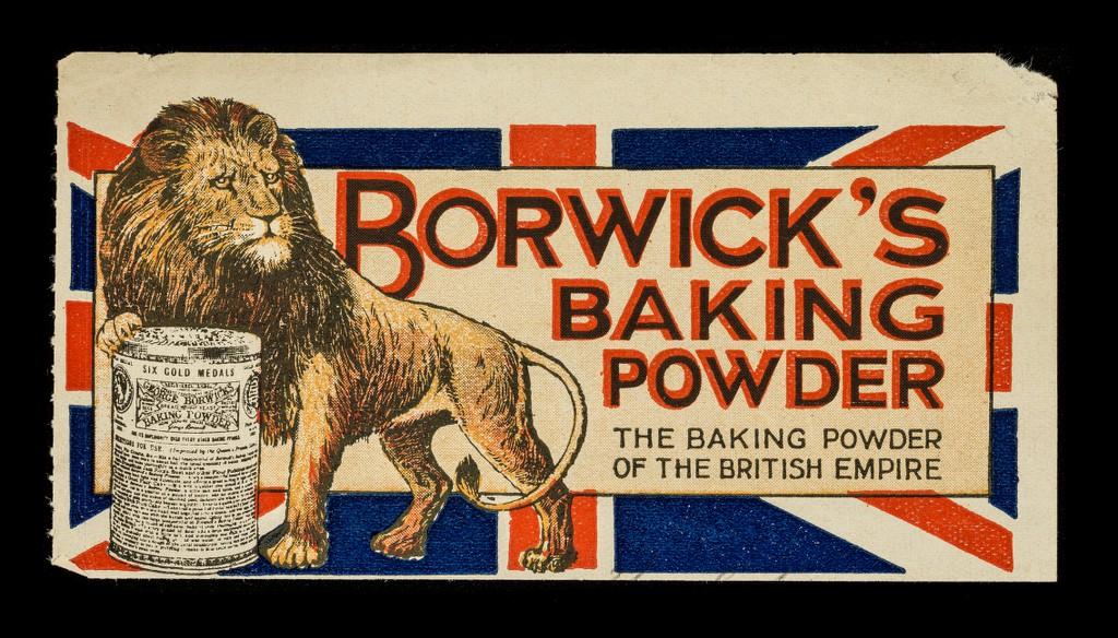 Borwick's lion standing over a tin, with the Union Jack