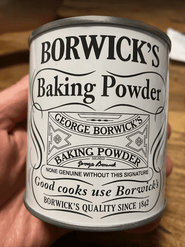 Borwick's baking powder tin on a shop shelf today